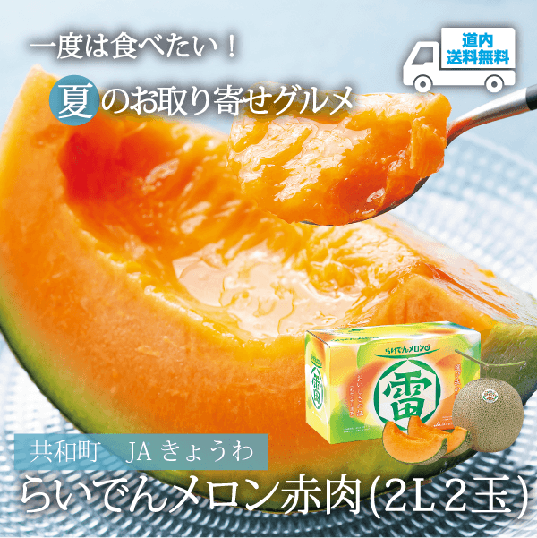【KM-401】らいでんメロン　赤肉２L２玉 【常温】共和町 JAきょうわ ★te・to・teに掲載★【7月上旬より順次発送】道内送料無料